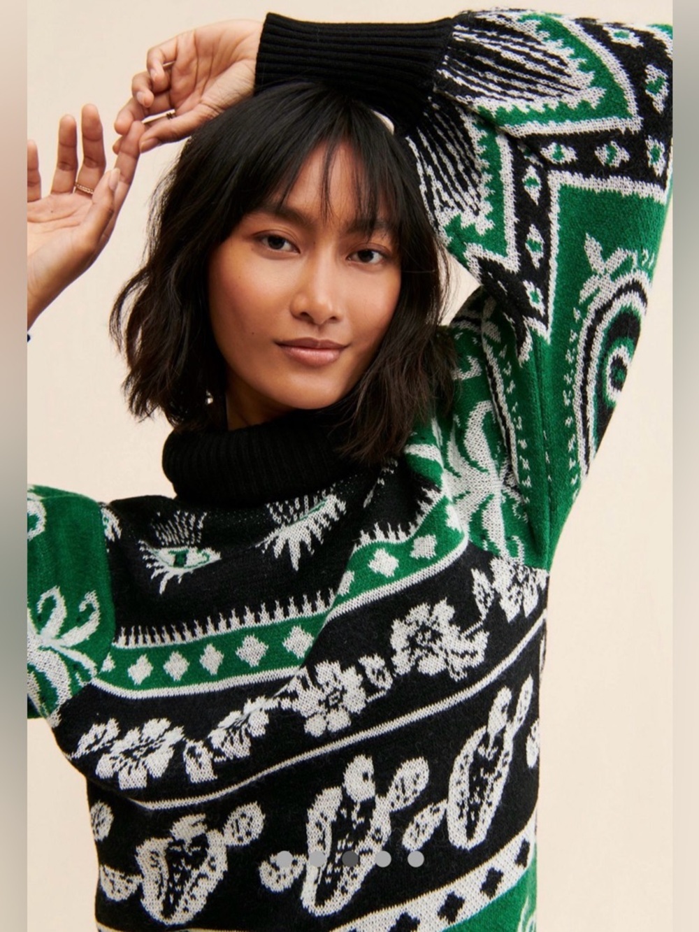 FARM Rio Black, Green & White Patterned Long-Sleeve Knit Dress - Picture 4 of 9